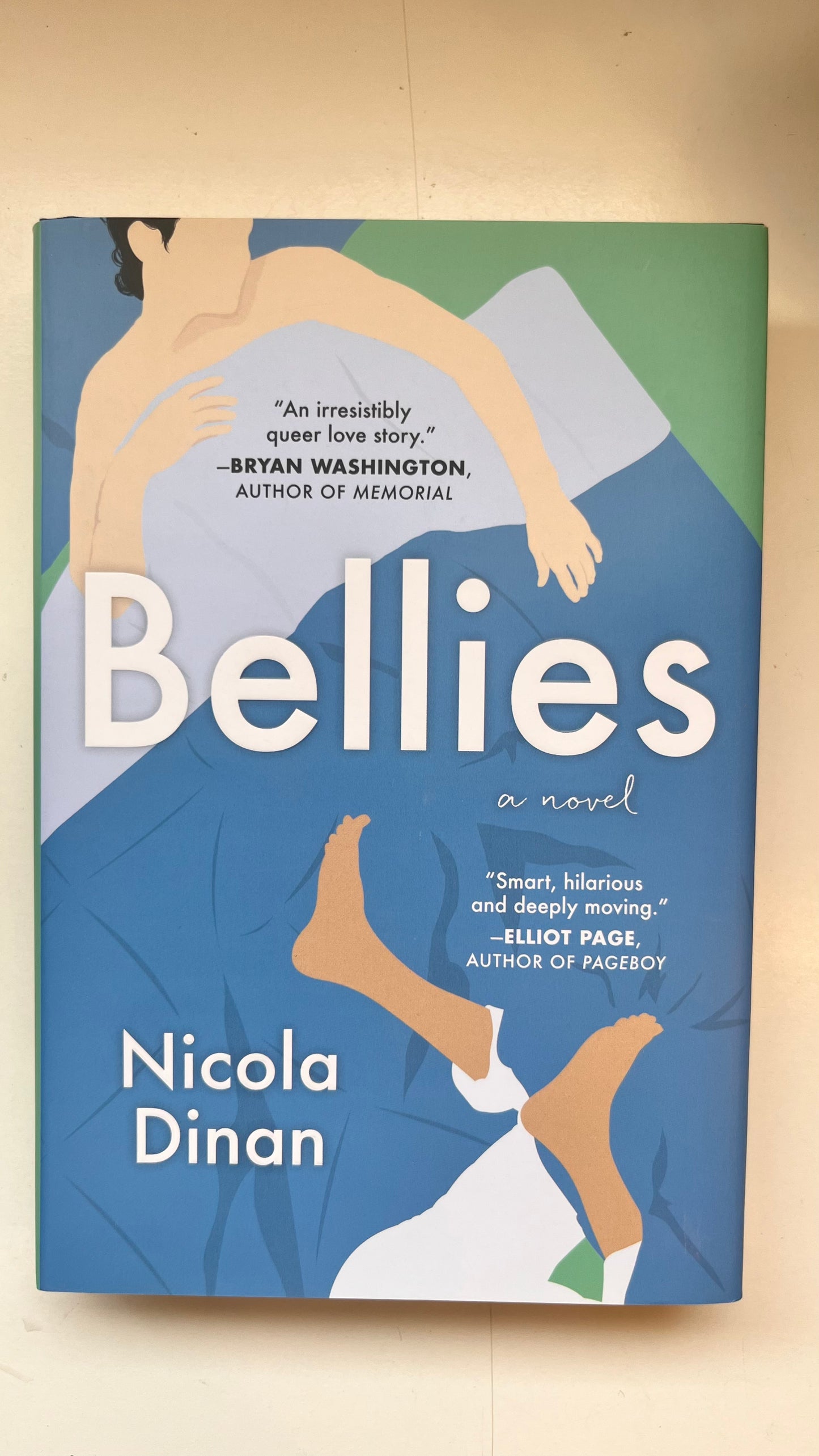 Book cover of 'Bellies' by Nicola Dinan with a stylized illustration of two people on a blue and green background.
