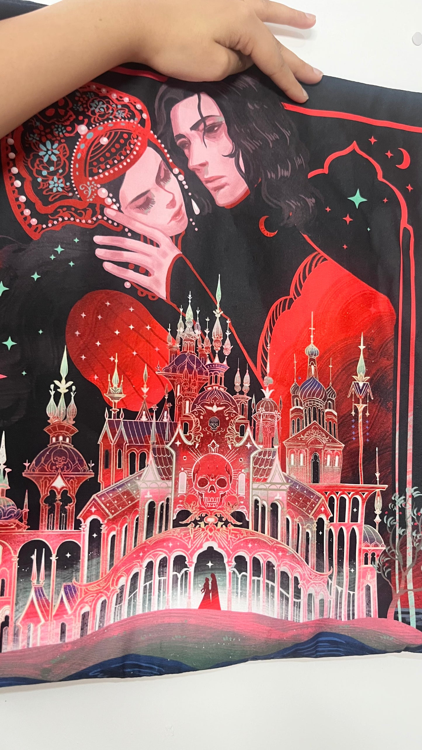 Artistic depiction of a woman with dark hair and a red dress, surrounded by architectural elements and celestial symbols.