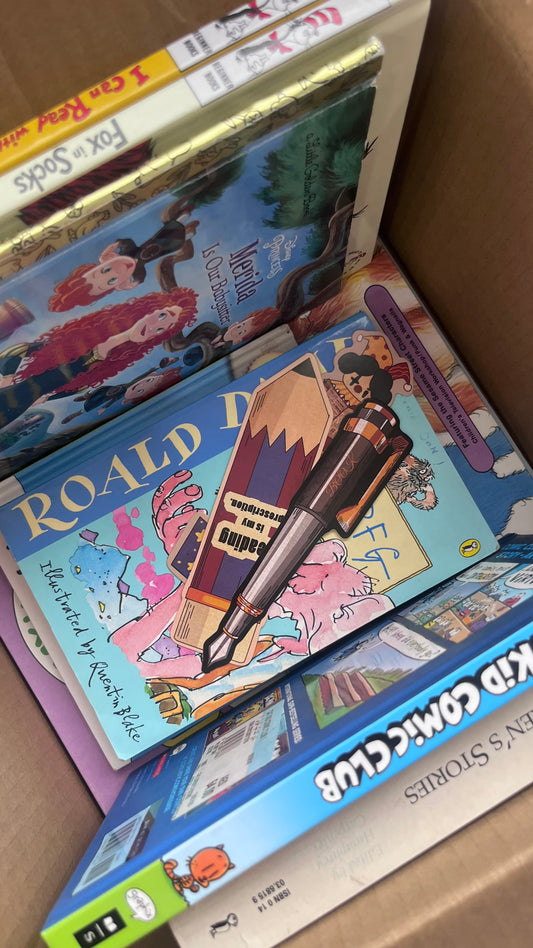 Kids mystery book box with surprise titles for young readers.