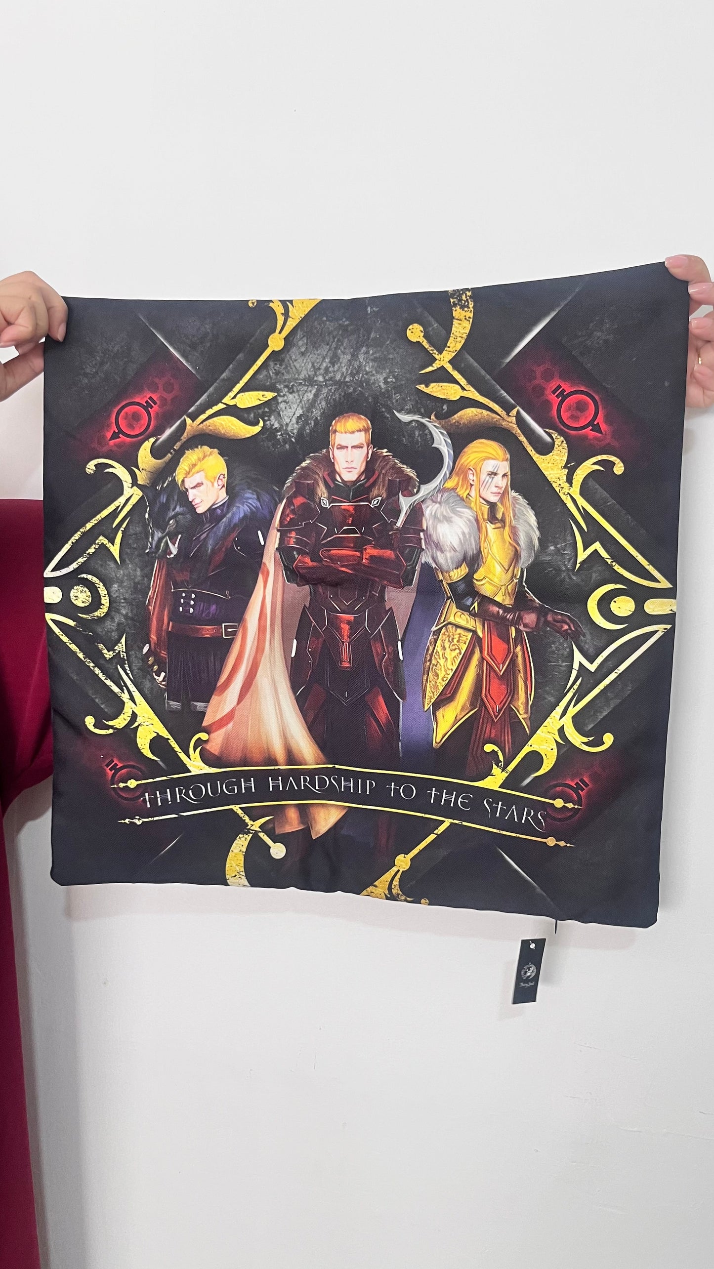 Decorative pillow with fantasy-themed design held by a person on a white background