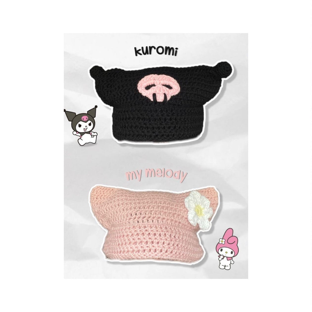 Crochet Sanrio beanies featuring Kuromi and My Melody in pastel kawaii style