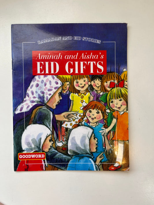 Cover of Aminah and Aisha's Eid Gifts with festive Eid illustrations and two cheerful sisters.