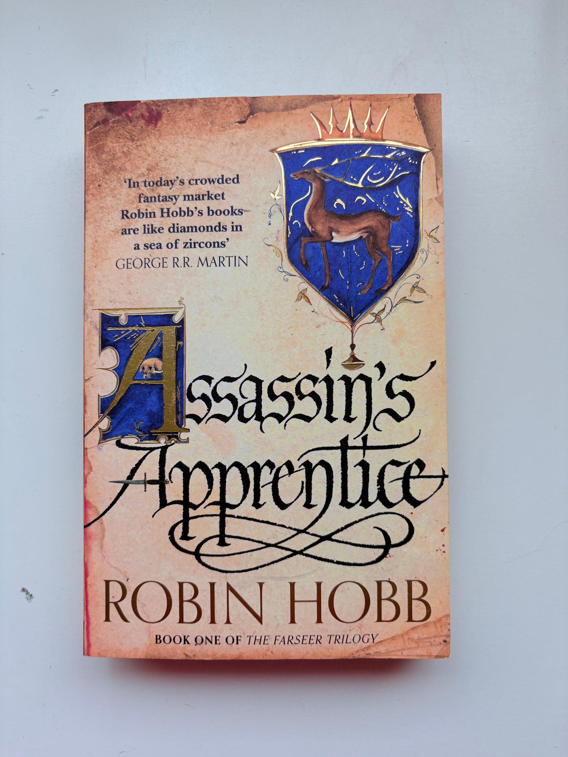Book titled 'Assassin's Apprentice' by Robin Hobb on a light gray background