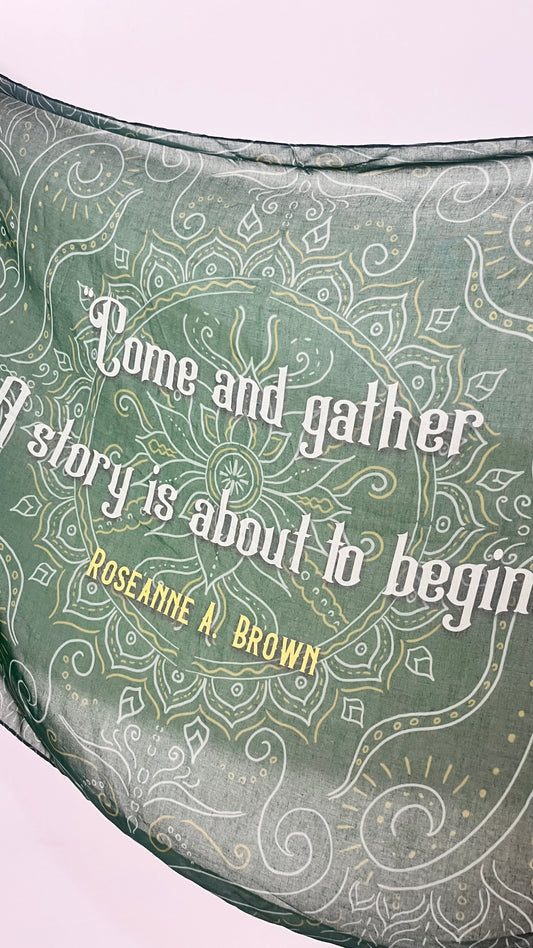 Book cover with decorative text and patterns on a green background