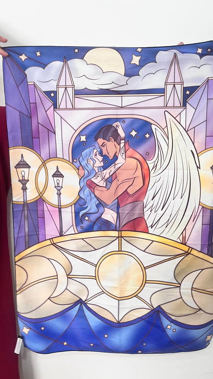Stylized illustration of an angel holding a child against a celestial background.