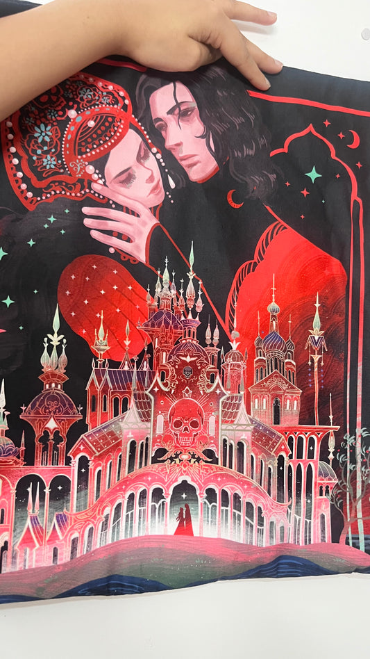 Artistic depiction of a woman with dark hair and a red dress, surrounded by architectural elements and celestial symbols.