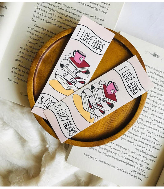  Illustrated bookmark with books, chai, and cozy reading nook