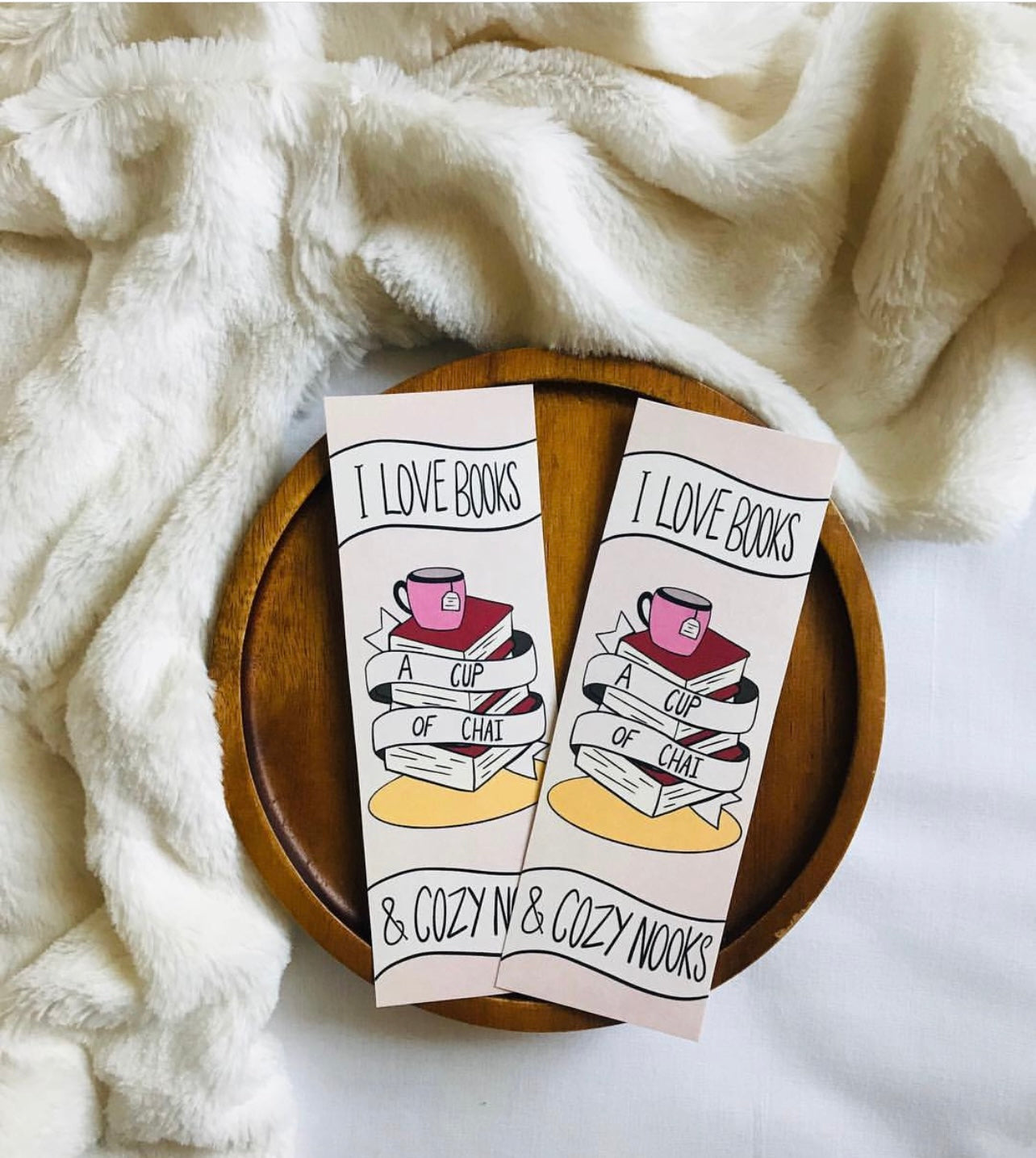 Bookmark with chai cup, books, and cozy colors