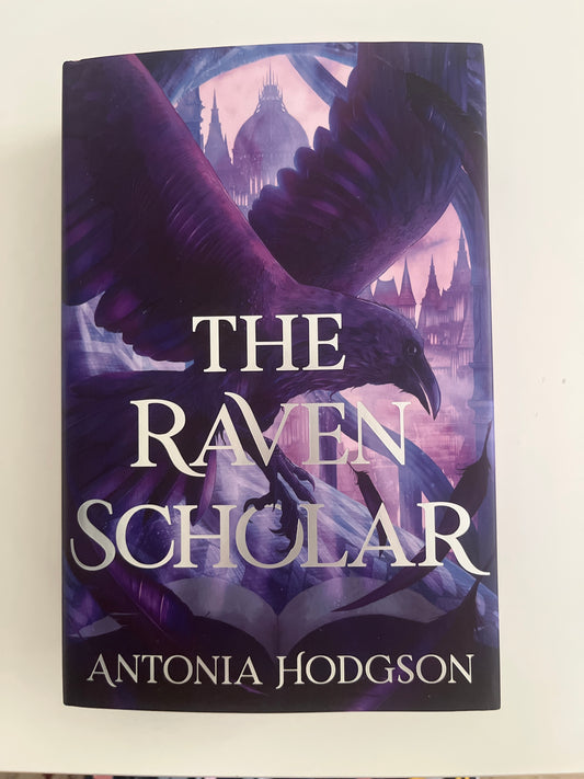 Book cover of 'The Raven Scholar' by Antonia Hodgson with a purple and black design.