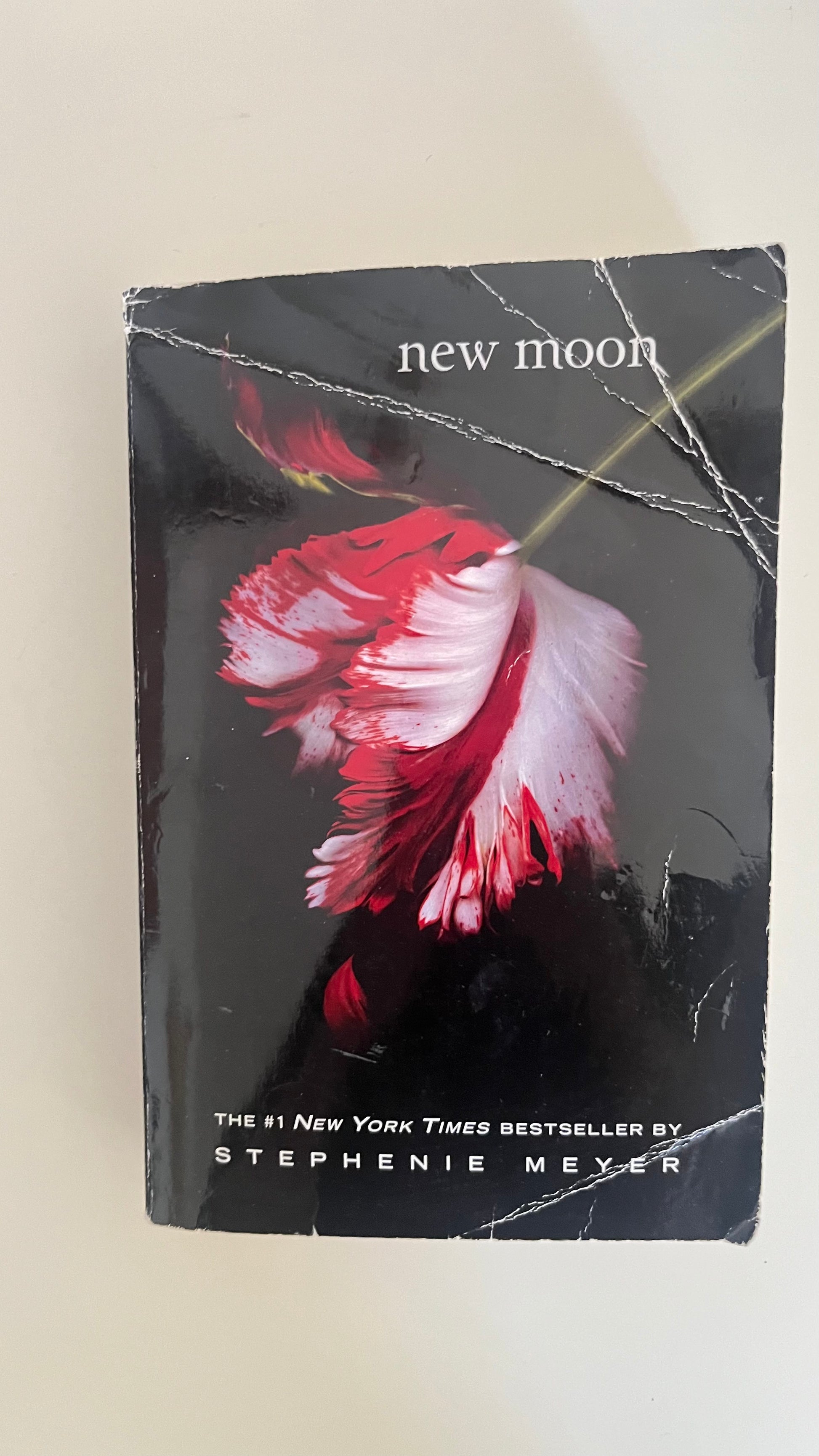 Paperback edition of New Moon by Stephenie Meyer with the iconic white flower cover symbolizing Bella's heartbreak.

