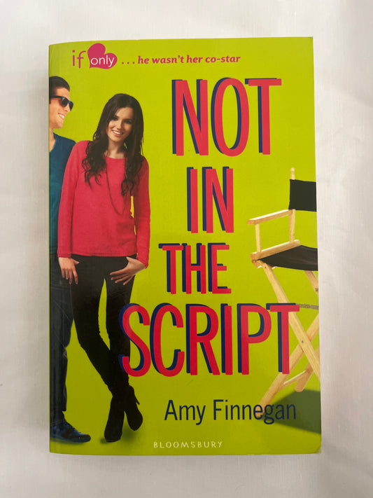 Cover of Not in the Script by Amy Finnegan featuring a Hollywood set backdrop with a girl sitting in a director’s chair.

