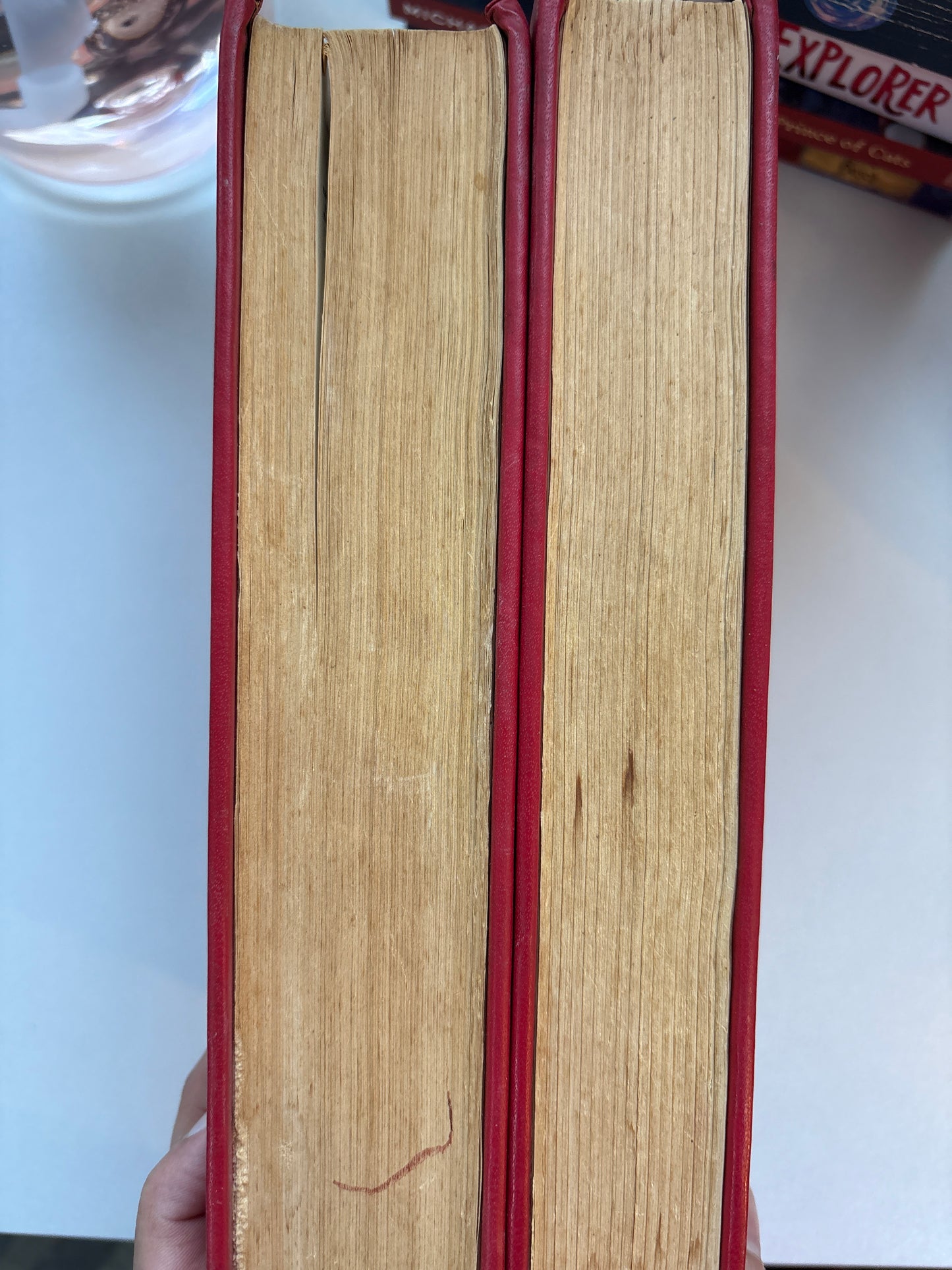 Close-up of a red-bound book with yellowed pages on a white background