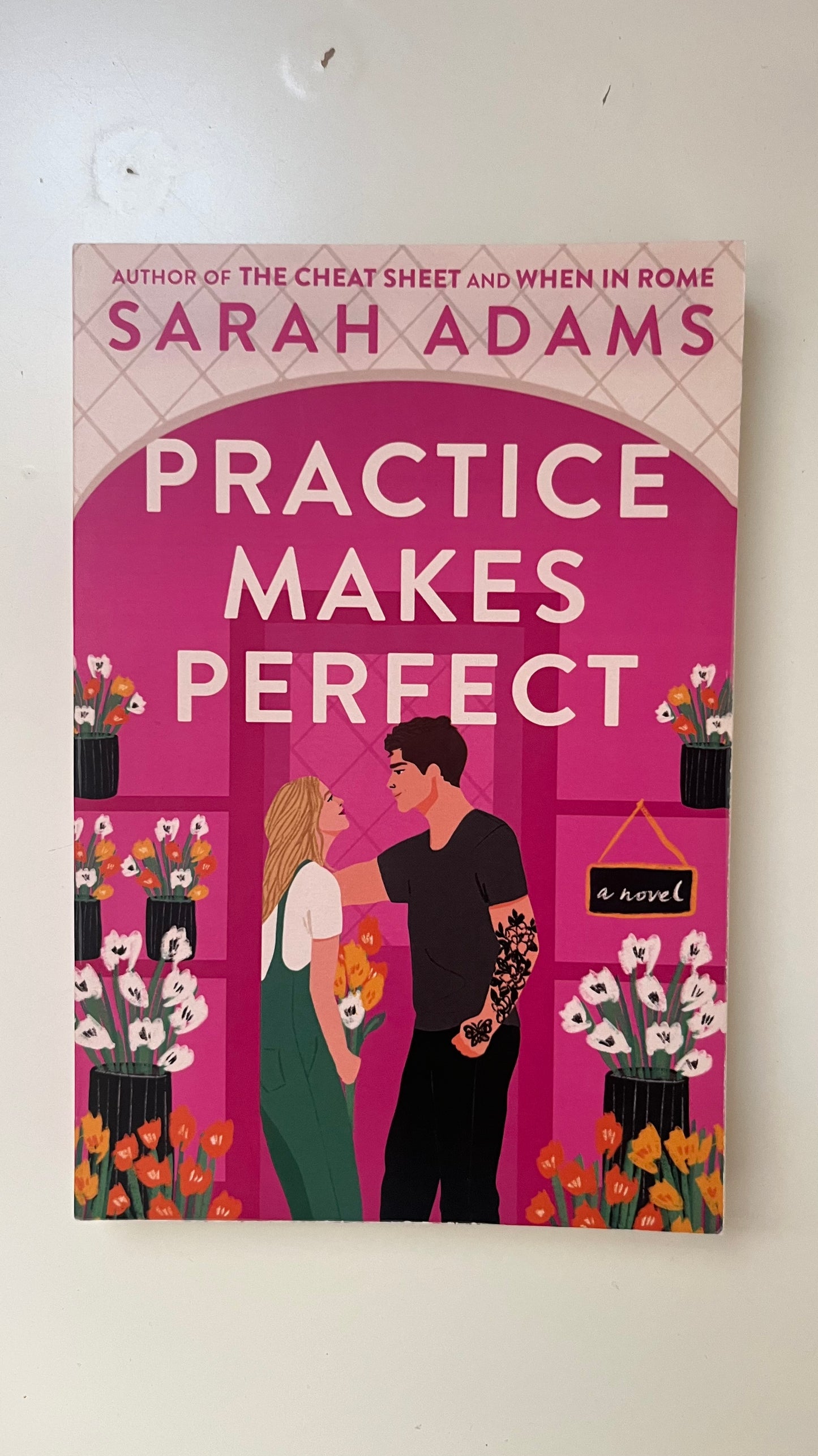 Paperback edition of Practice Makes Perfect by Sarah Adams with a pastel illustrated cover featuring a cute small-town couple.


