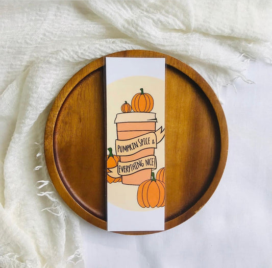 Fall-themed bookmark with pumpkin spice latte illustration