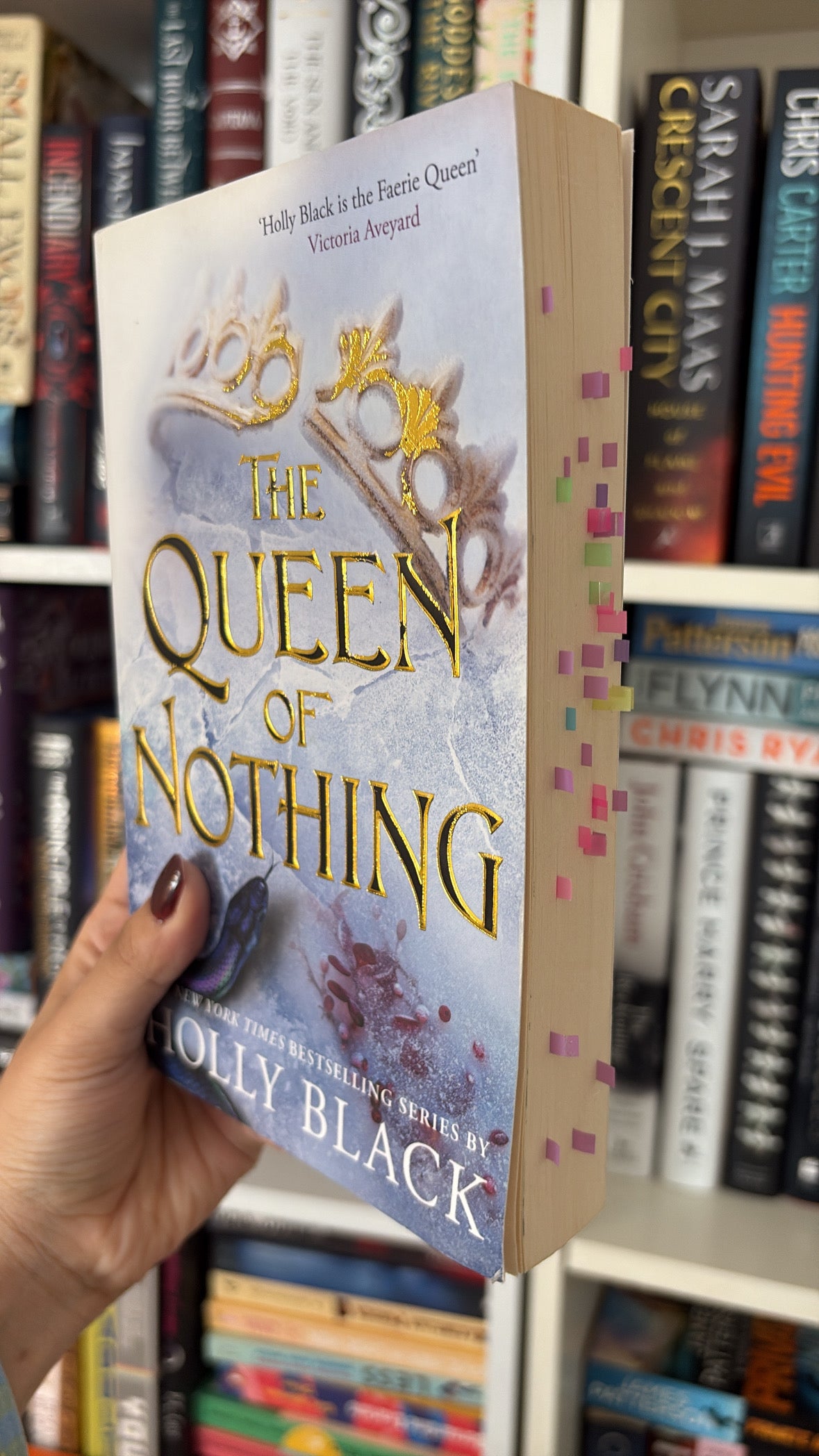 Book titled 'The Queen of Nothing' by Holly Black held in front of a bookshelf.