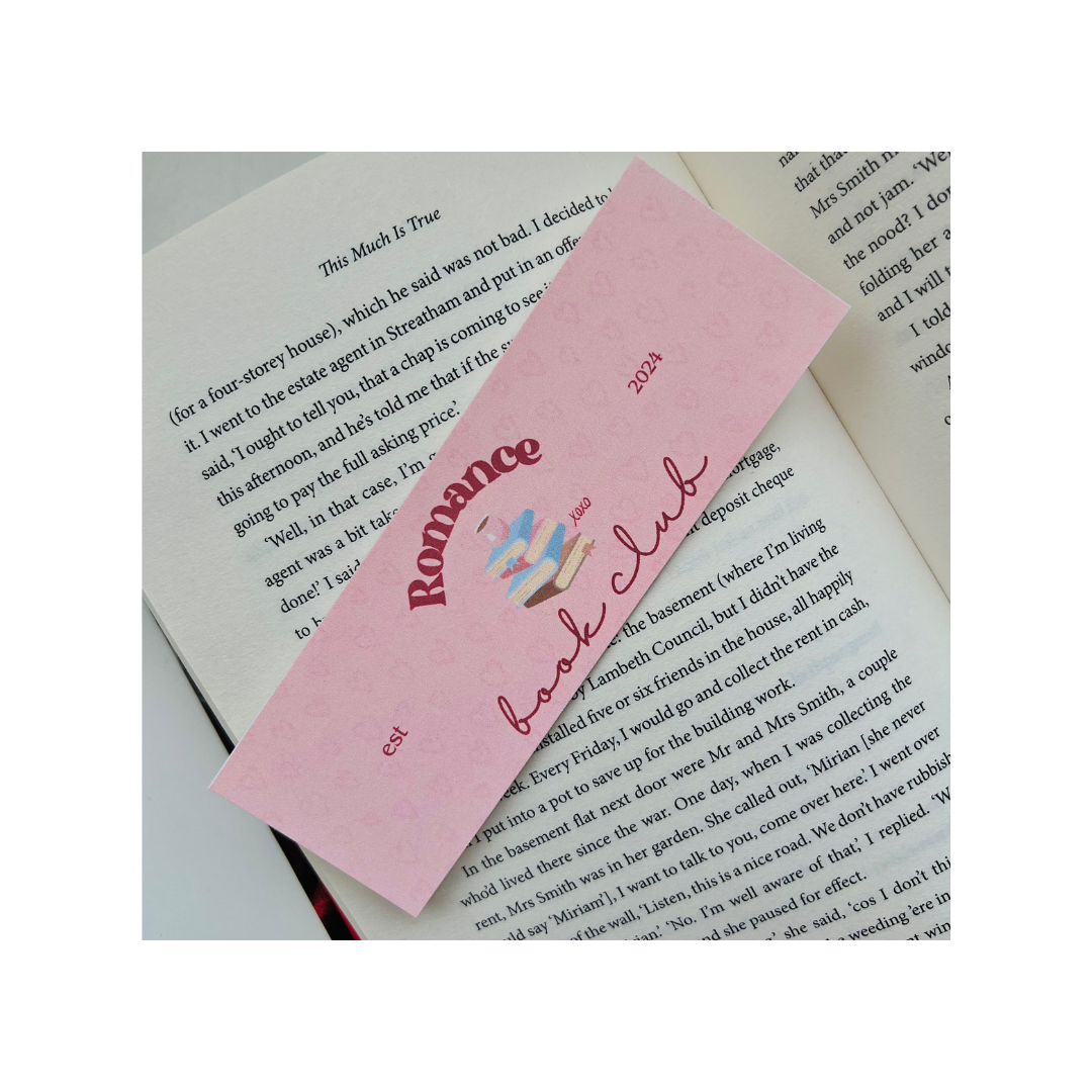 Bookmark with hearts and romantic quote for book club readers