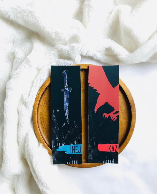 Two bookmarks inspired by Six of Crows with character art or quotes