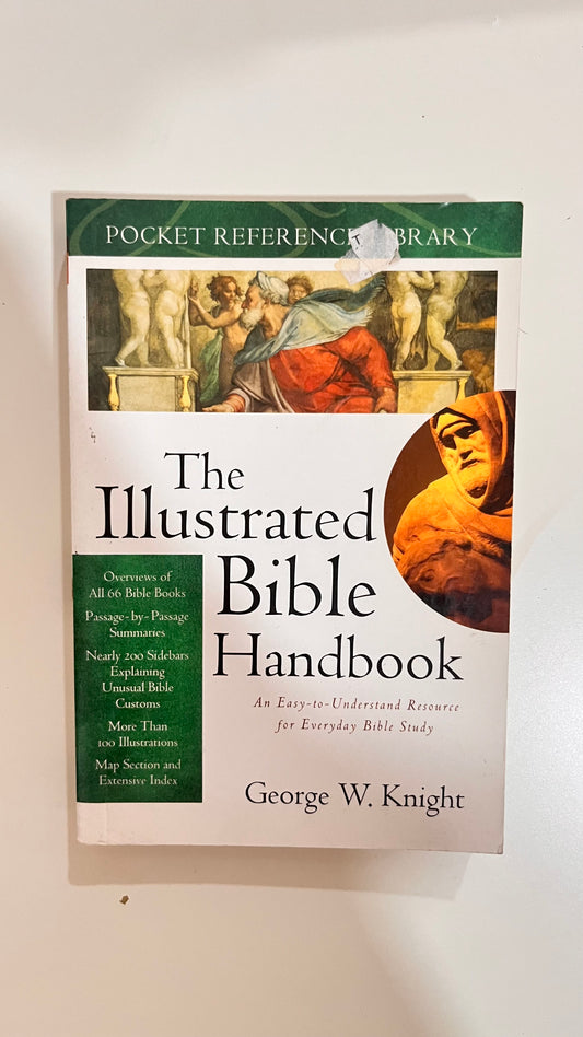 Hardcover of The Illustrated Bible Handbook, with a rich, detailed cover.

