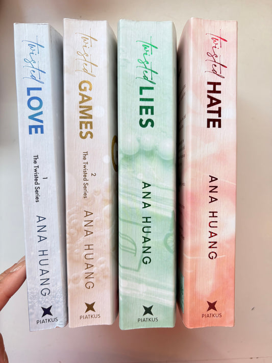 Four books by Ana Huang titled 'Twisted Love', 'Twisted Games', 'Twisted Lies', and 'Twisted Hate' on a light background.