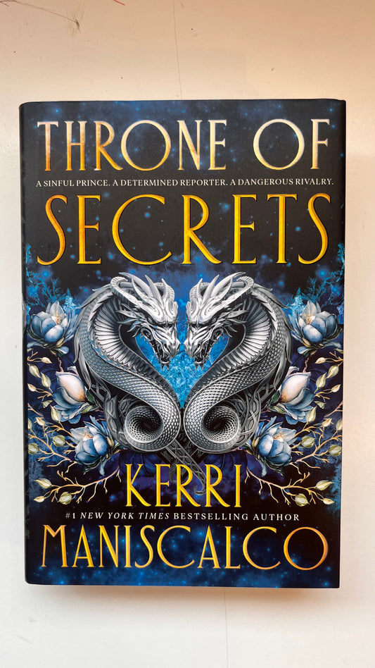 Book cover of 'Throne of Secrets' by Kerri Maniscalco with dragons on a dark background.