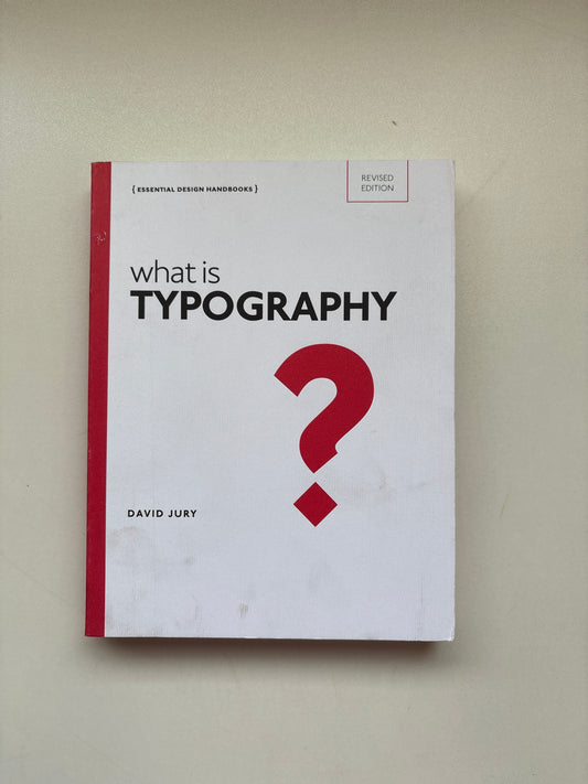 Book titled 'What is Typography?' with a red question mark on a beige background