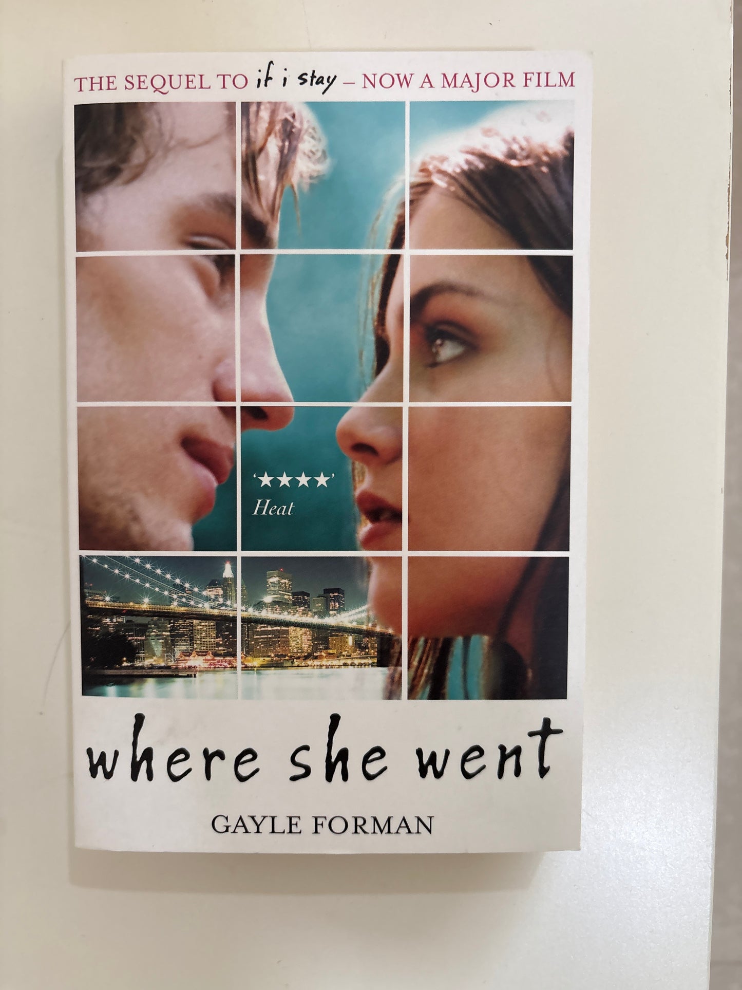 Book cover of 'Where She Went' by Gayle Forman with collage of faces and cityscape.