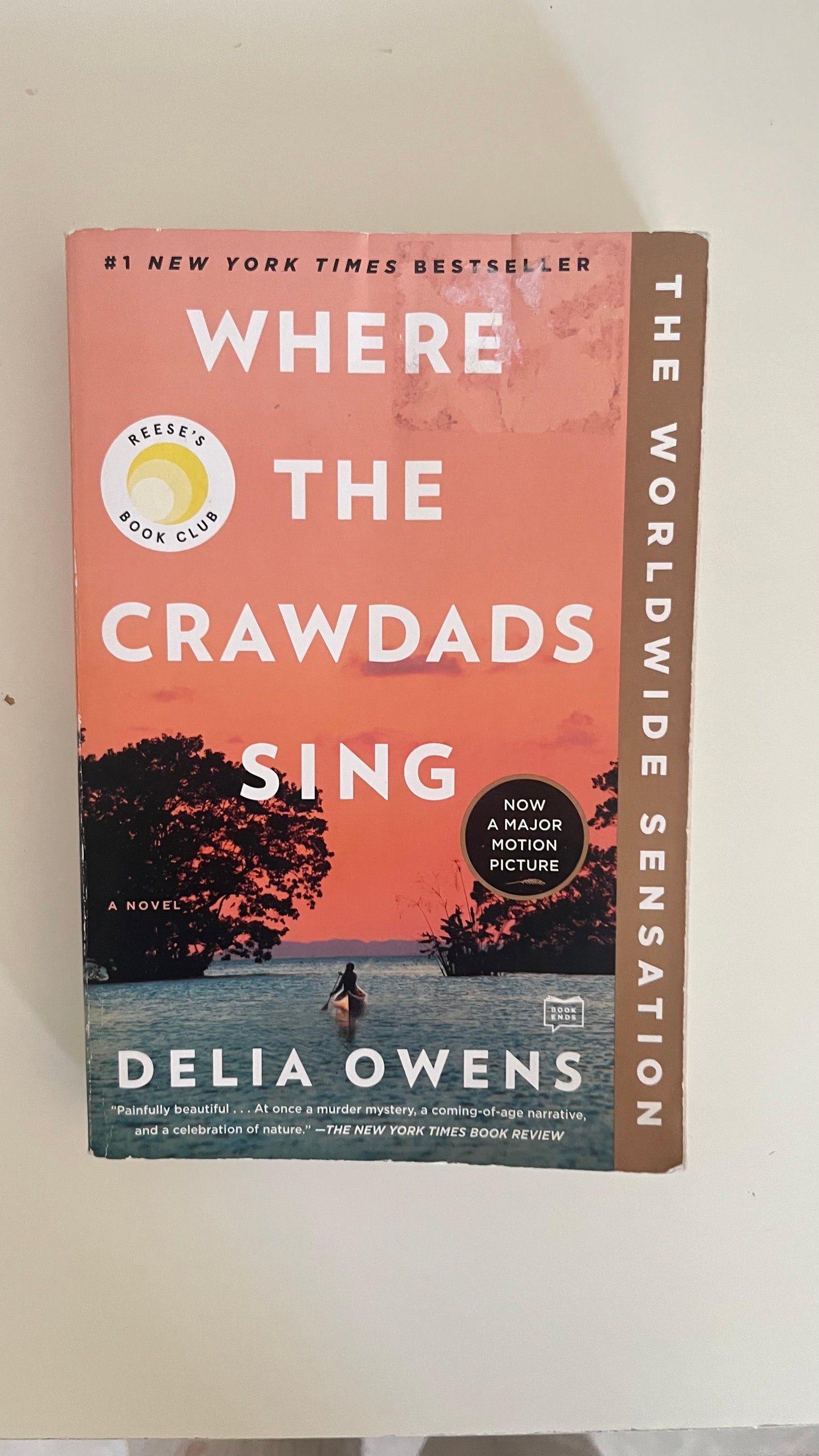 Paperback of Where the Crawdads Sing by Delia Owens featuring a tranquil marsh scene and sunset.

